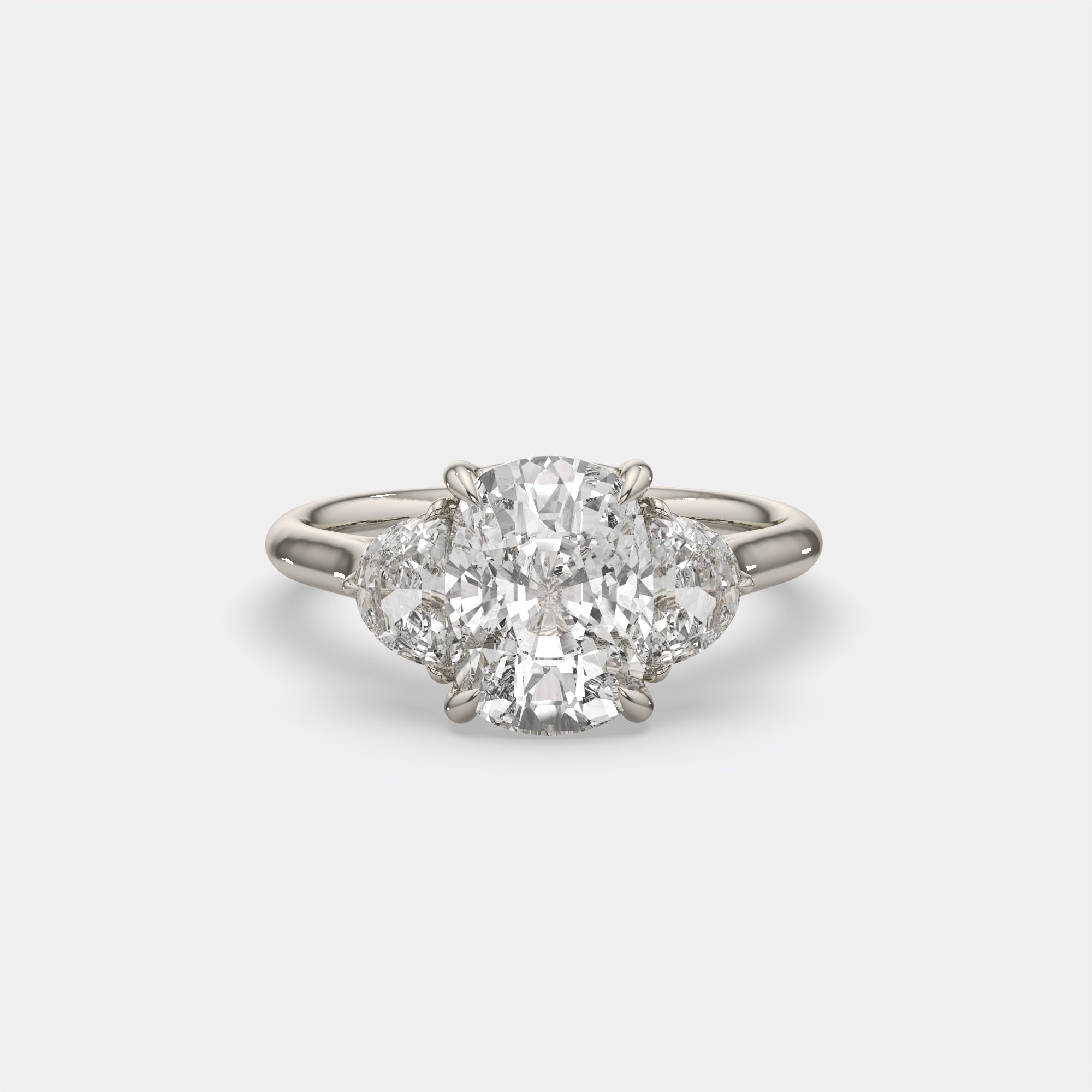 4.60 Ct F VS1 Cushion 3 Stone Ring with Half Moon Accents