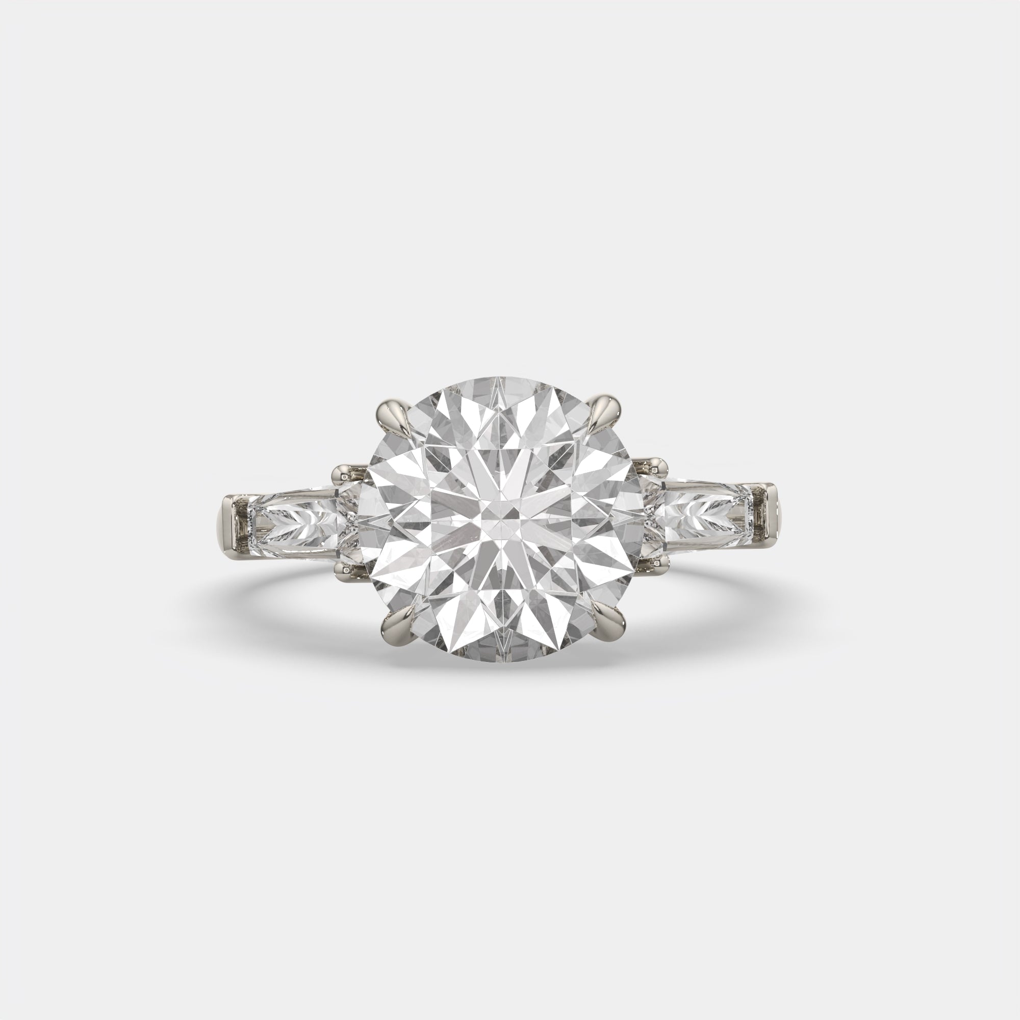 3.40 Ct Round Diamond Ring W/ Tapered Baguettes, in 14k white gold, angle view 3