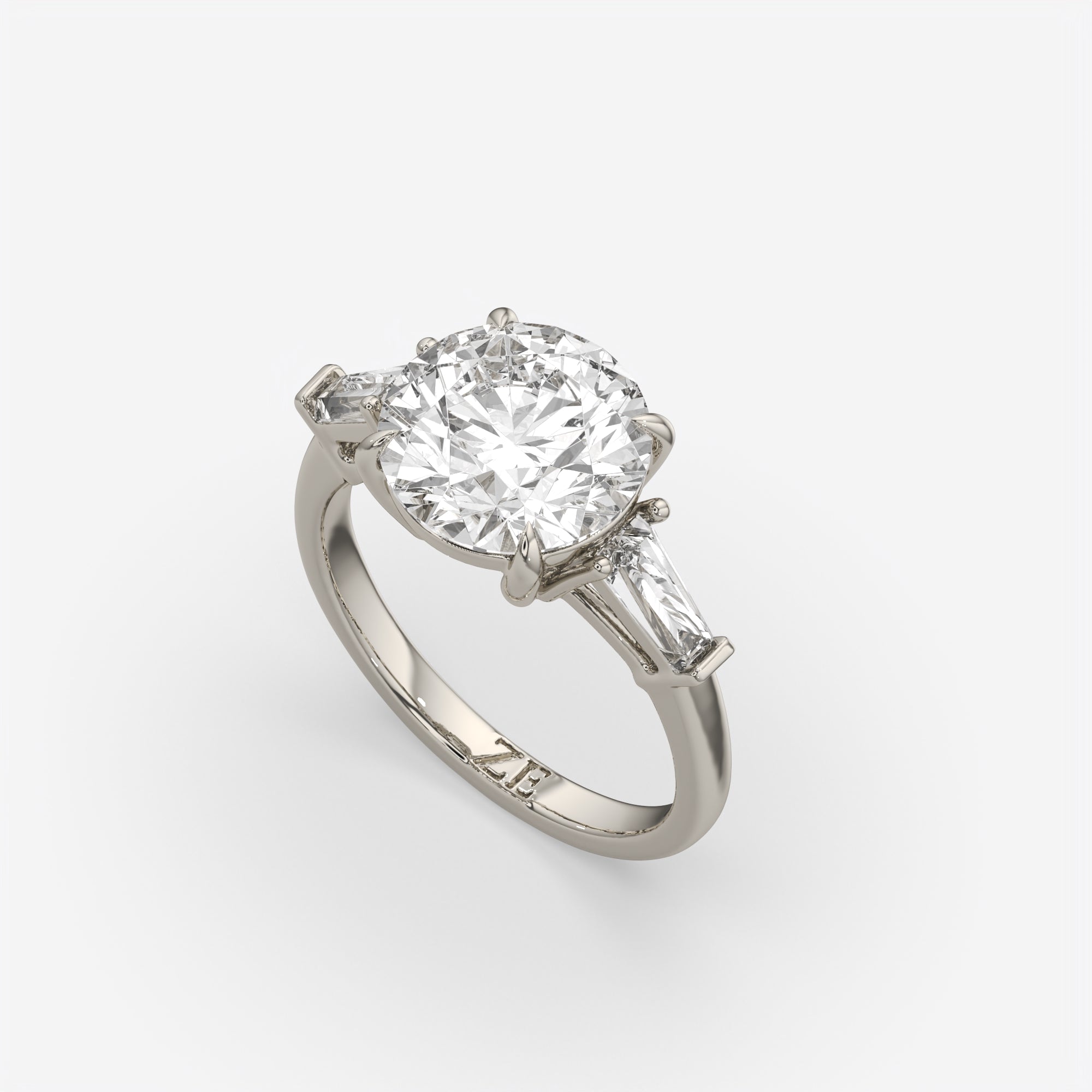 3.40 Ct Round Diamond Ring W/ Tapered Baguettes, in 14k white gold, angle view 4