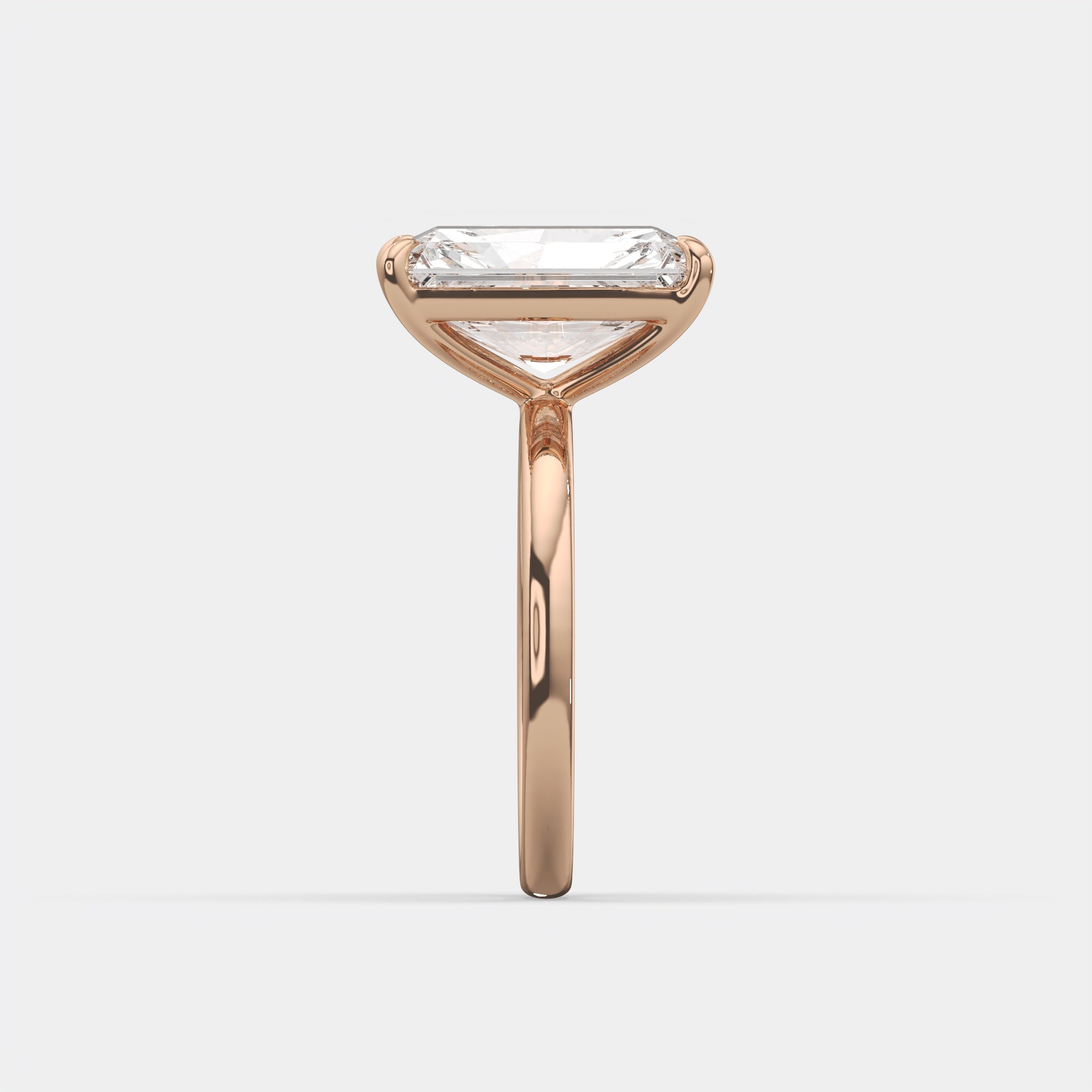 5.00 Ct E VS1 Radiant Solitaire Diamond Ring, in 14k rose gold, side profile