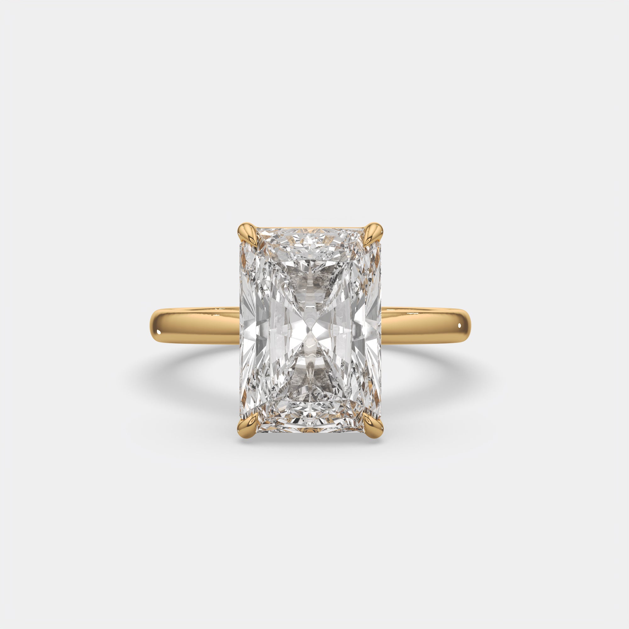 5.00 Ct E VS1 Radiant Solitaire Diamond Ring, in 14k yellow gold, angle view 2 (2)