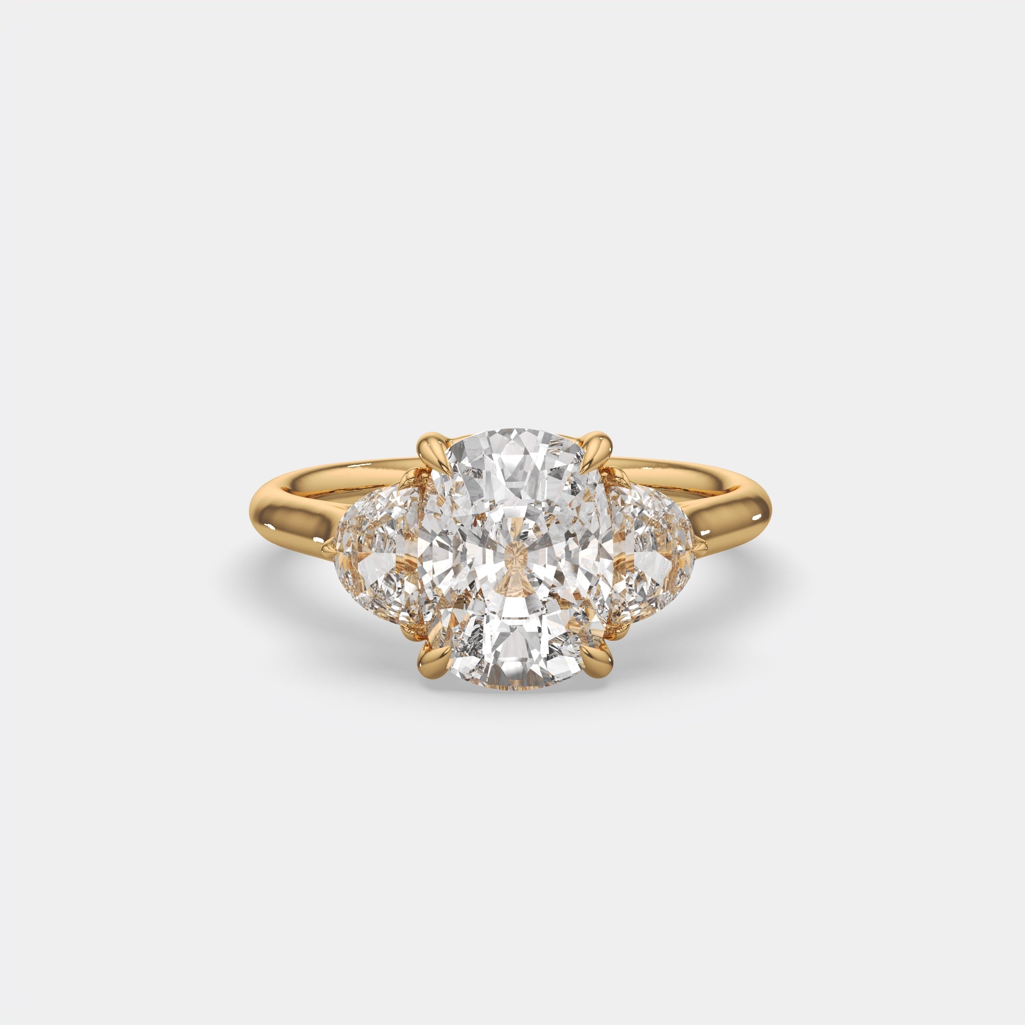 4.60 Ct F VS1 Cushion 3 Stone Ring with Half Moon Accents