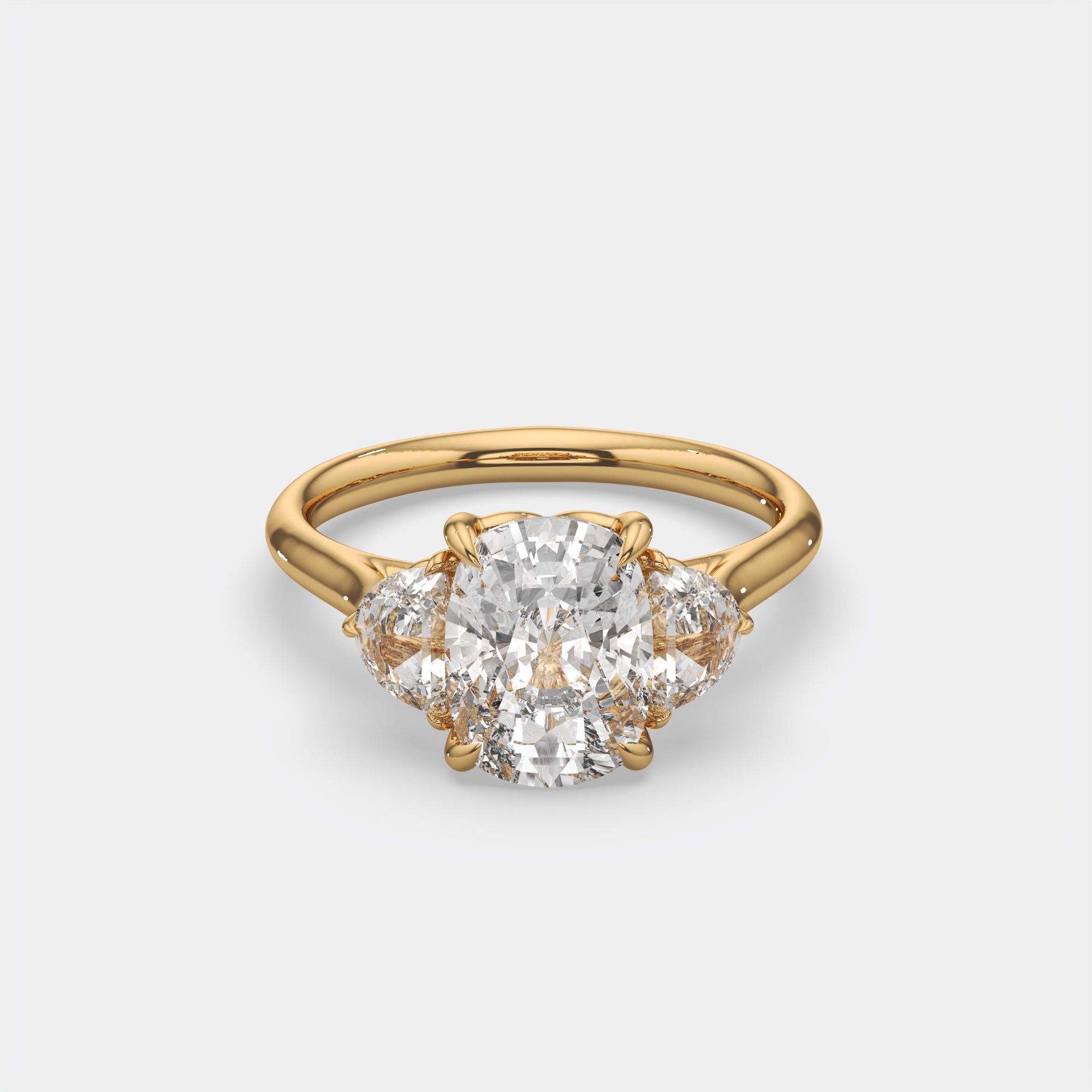4.60 Ct F VS1 Cushion 3 Stone Ring with Half Moon Accents