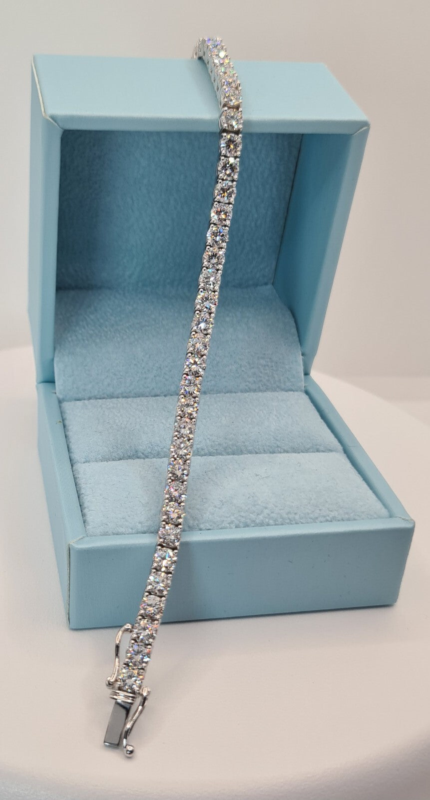 10 carat lab grown diamond tennis bracelet in 14K white gold shown with its presentation box