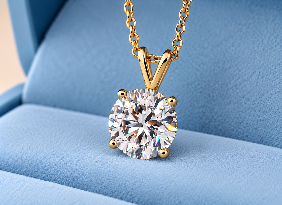 1.00 Ct D VS1 Round Brilliant Lab-Grown Diamond Solitaire Pendant, in yellow gold, front view