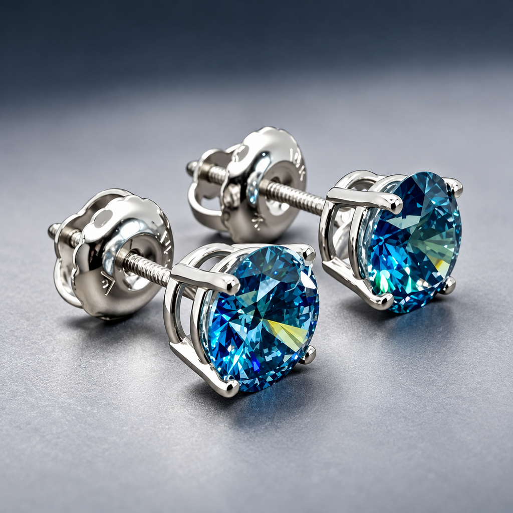 1.00 Ct Fancy Blue VS Round Brilliant Lab-Grown Diamond Stud Earrings, in white gold, front view