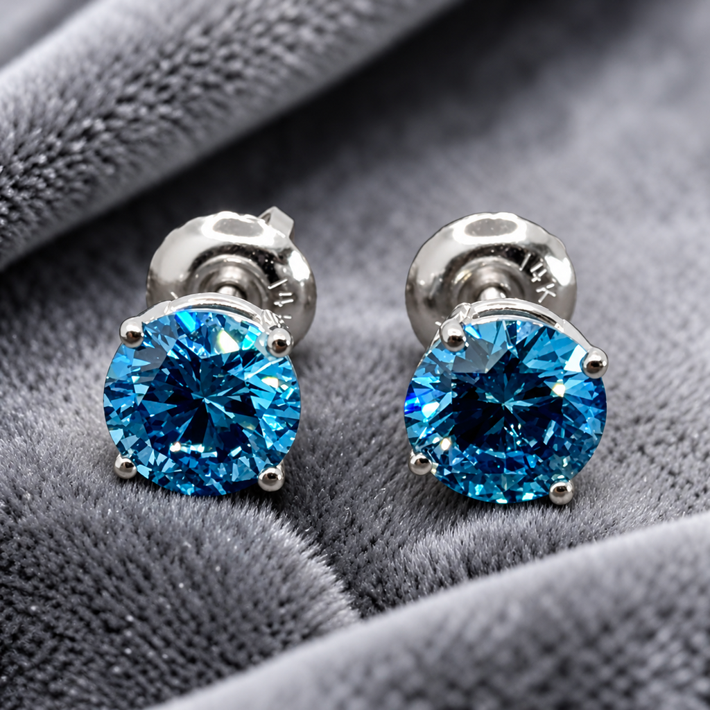 1.00 Ct Fancy Blue VS Round Brilliant Lab-Grown Diamond Stud Earrings, in white gold, front view