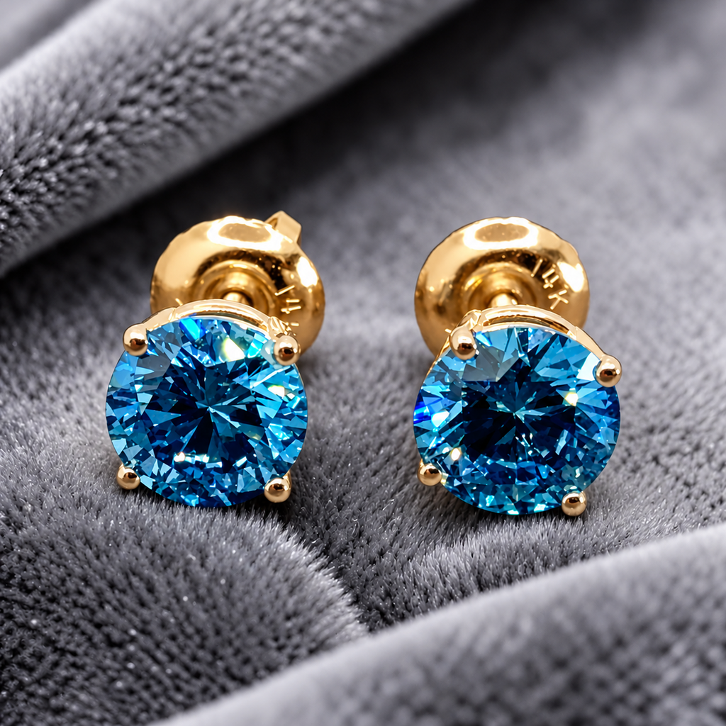 1.00 Ct Fancy Blue VS Round Brilliant Lab-Grown Diamond Stud Earrings, in yellow gold, front view