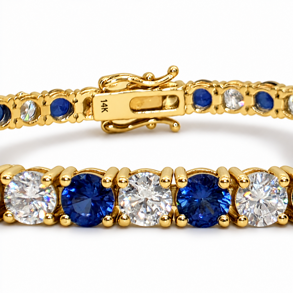 10.00 CTW Round Blue Sapphire and Diamond Tennis Bracelet, in yellow gold, front view