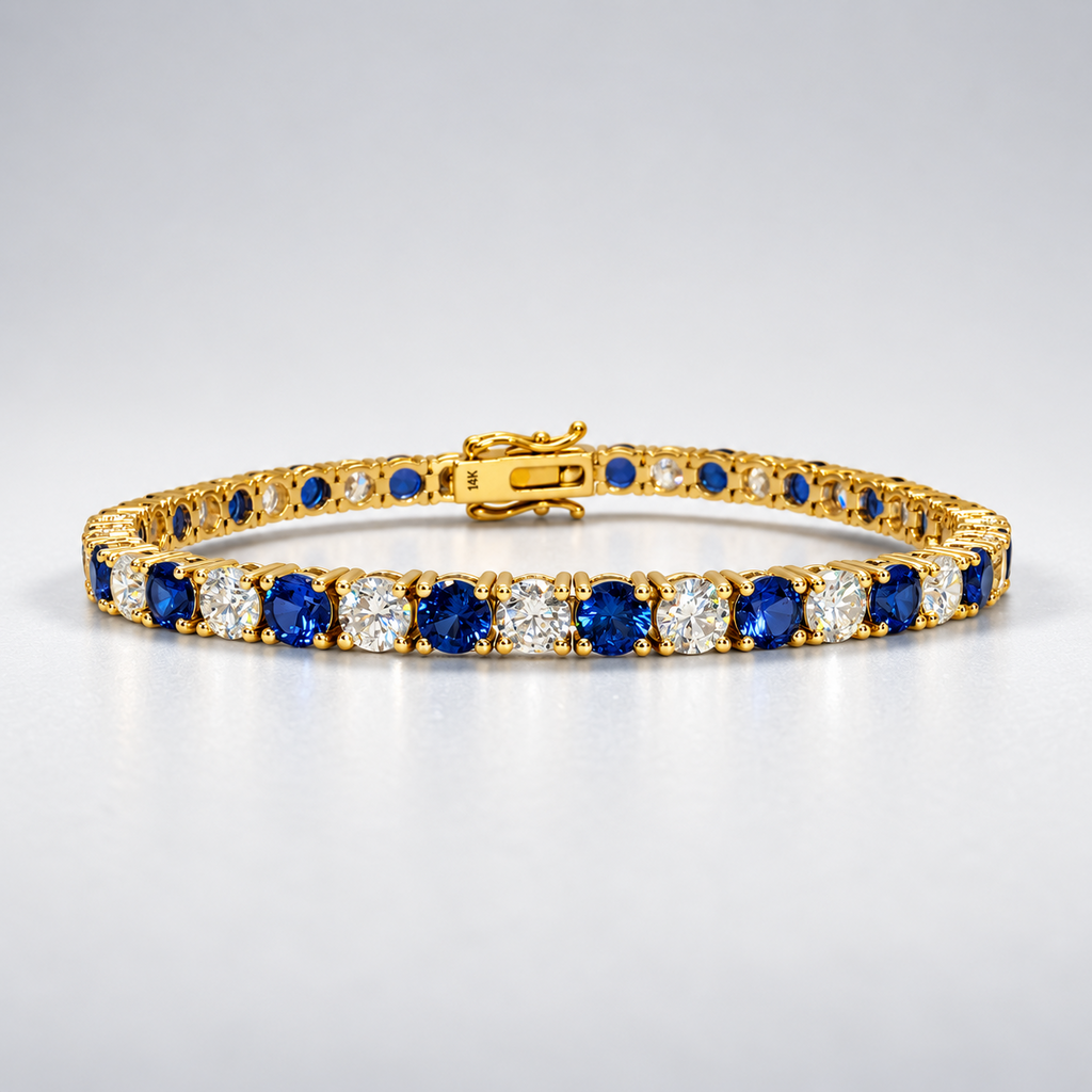 10.00 CTW Round Blue Sapphire and Diamond Tennis Bracelet, in yellow gold, front view