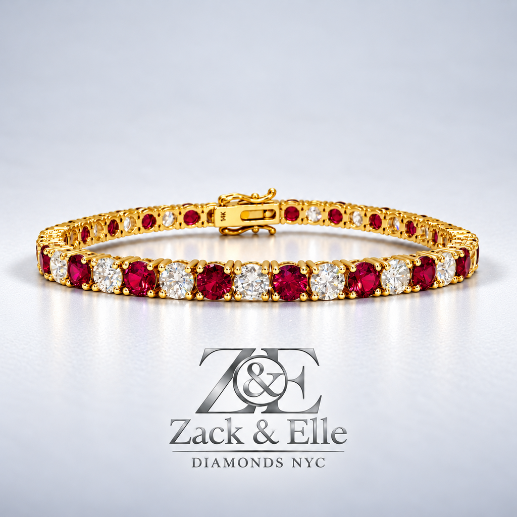 10.00 CTW Round Ruby and Diamond Alternating Tennis Bracelet, in yellow gold, front view