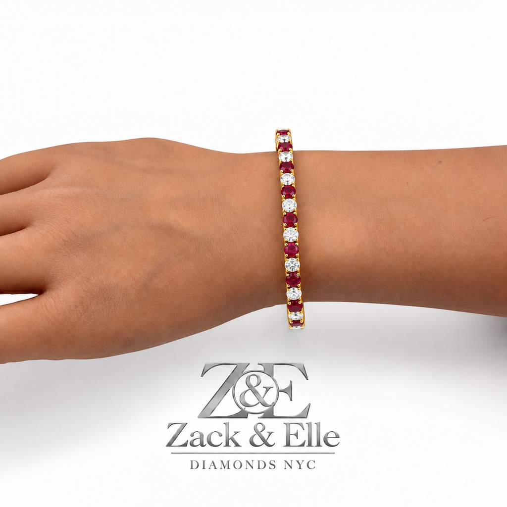 10.00 CTW Round Ruby and Diamond Alternating Tennis Bracelet, in yellow gold, on hand
