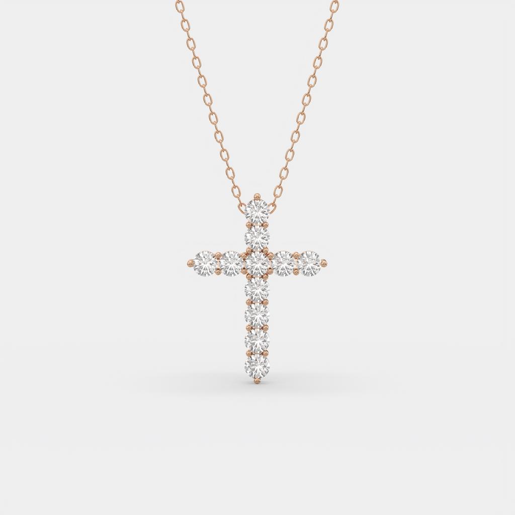 11.00 Ct D VS1 Round Lab-Grown Diamond Cross Pendant, in rose gold, front view
