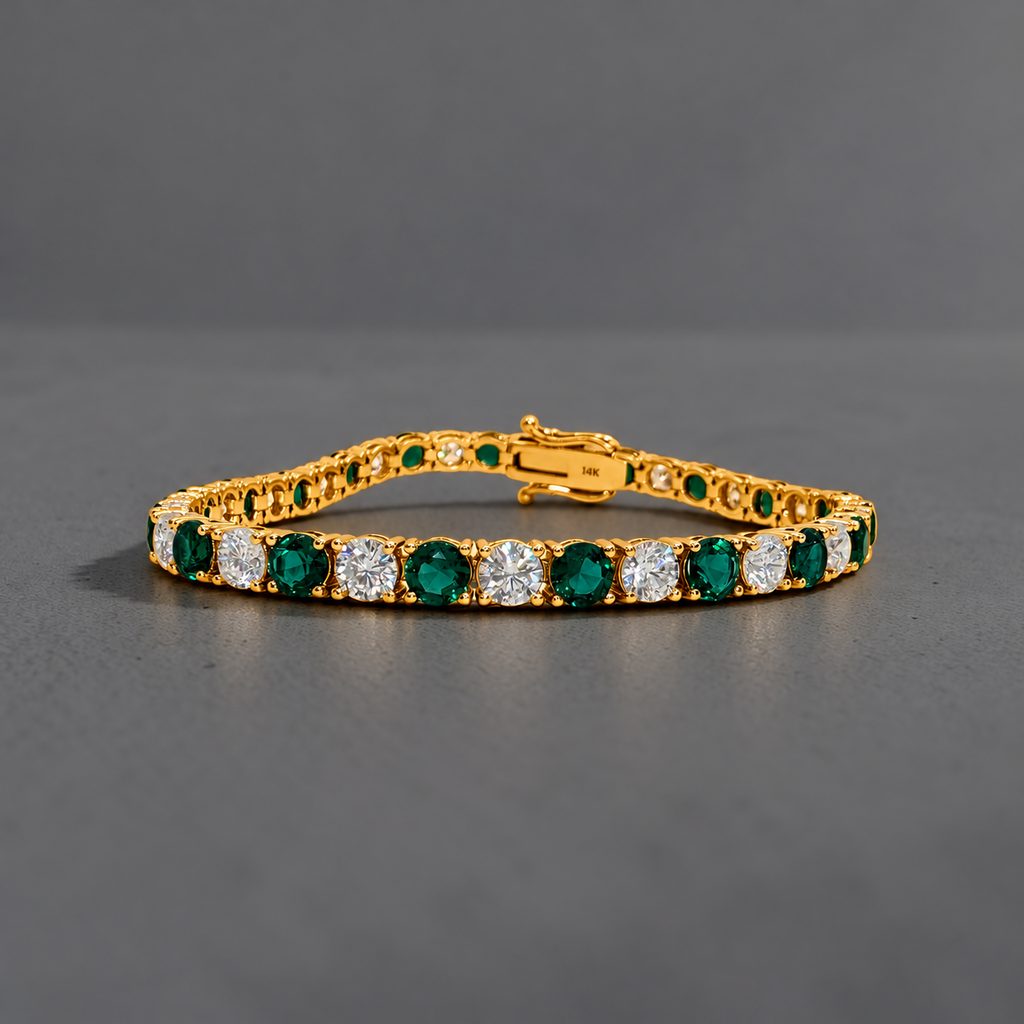11.00 CTW D VS Round Lab-Grown Diamond and Emerald Alternating Tennis Bracelet, in yellow gold, front view