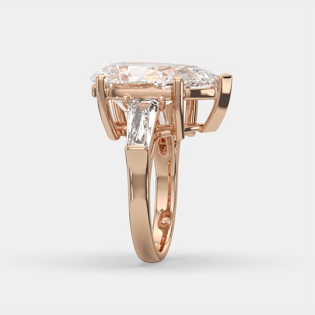 11.50 Ct F Color VS1 Pear Shape Diamond Three Stone Ring With Tapered Baguettes, in rose gold, side profile