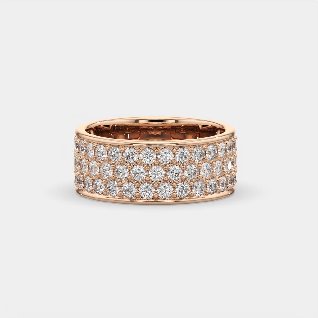 1.50 Ct D VS1 Round Lab Grown Diamond 3 Row Pavé Band, in rose gold, front view
