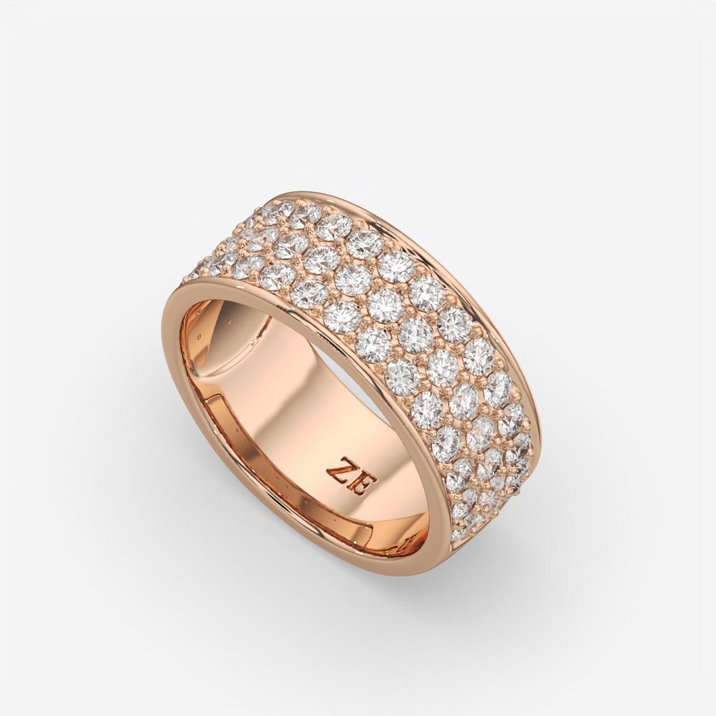 1.50 Ct D VS1 Round Lab Grown Diamond 3 Row Pavé Band, in rose gold, side profile