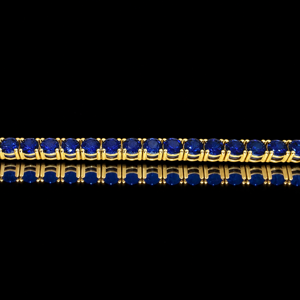 16 CTW Round Blue Sapphire Tennis Bracelet, in yellow gold, side profile