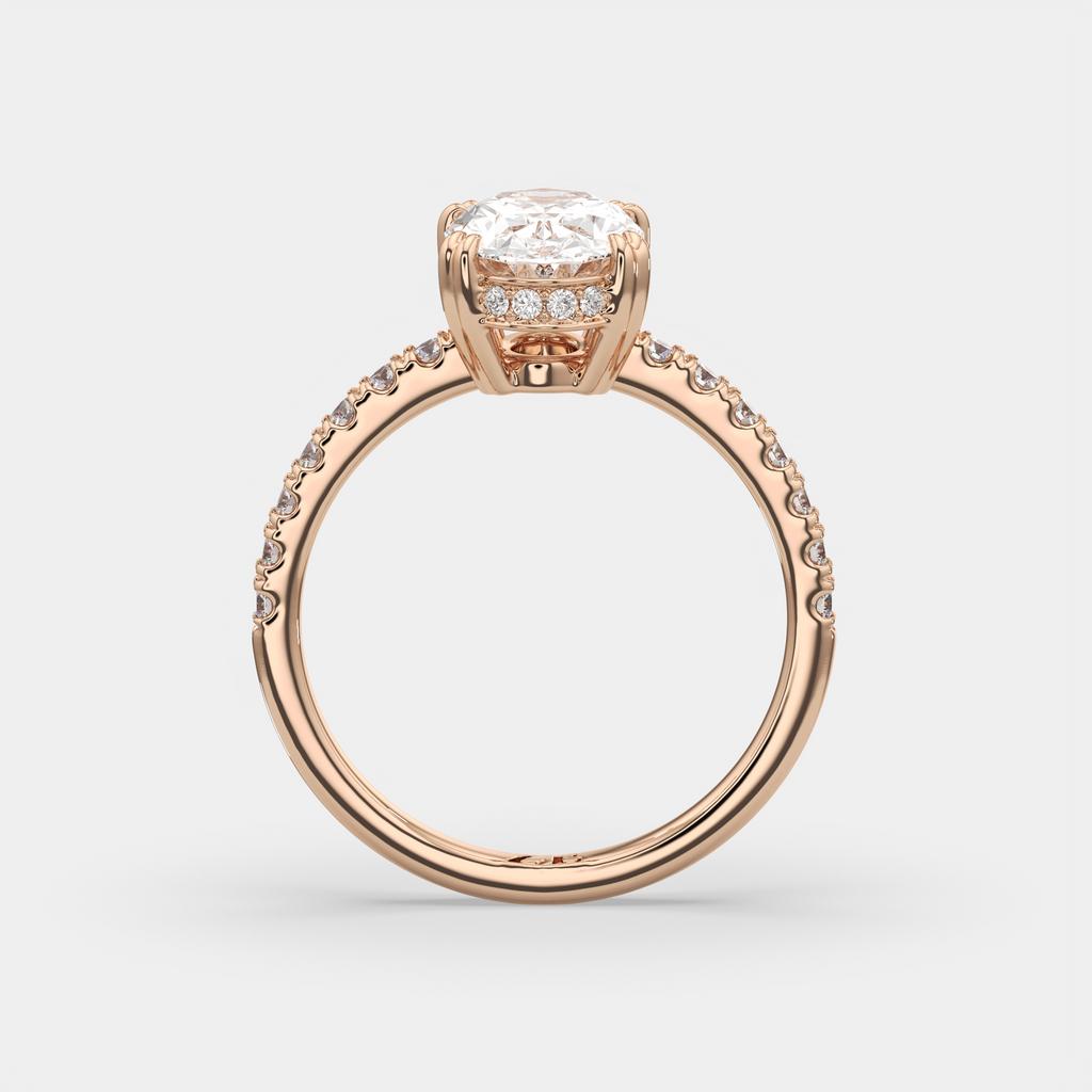 1.75 Ct D VS1 Oval Lab Grown Diamond Hidden Halo Engagement Ring, in rose gold, side profile