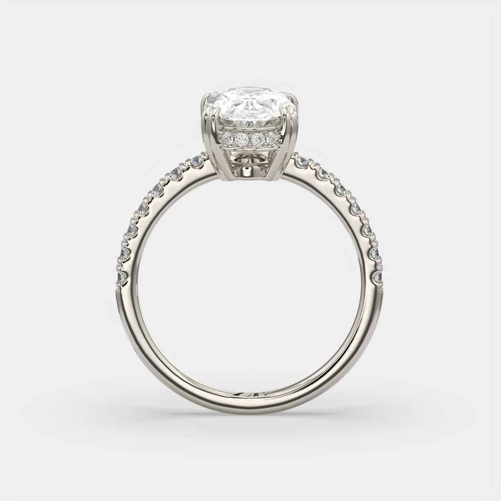 1.75 Ct D VS1 Oval Lab Grown Diamond Hidden Halo Engagement Ring, in white gold, side profile