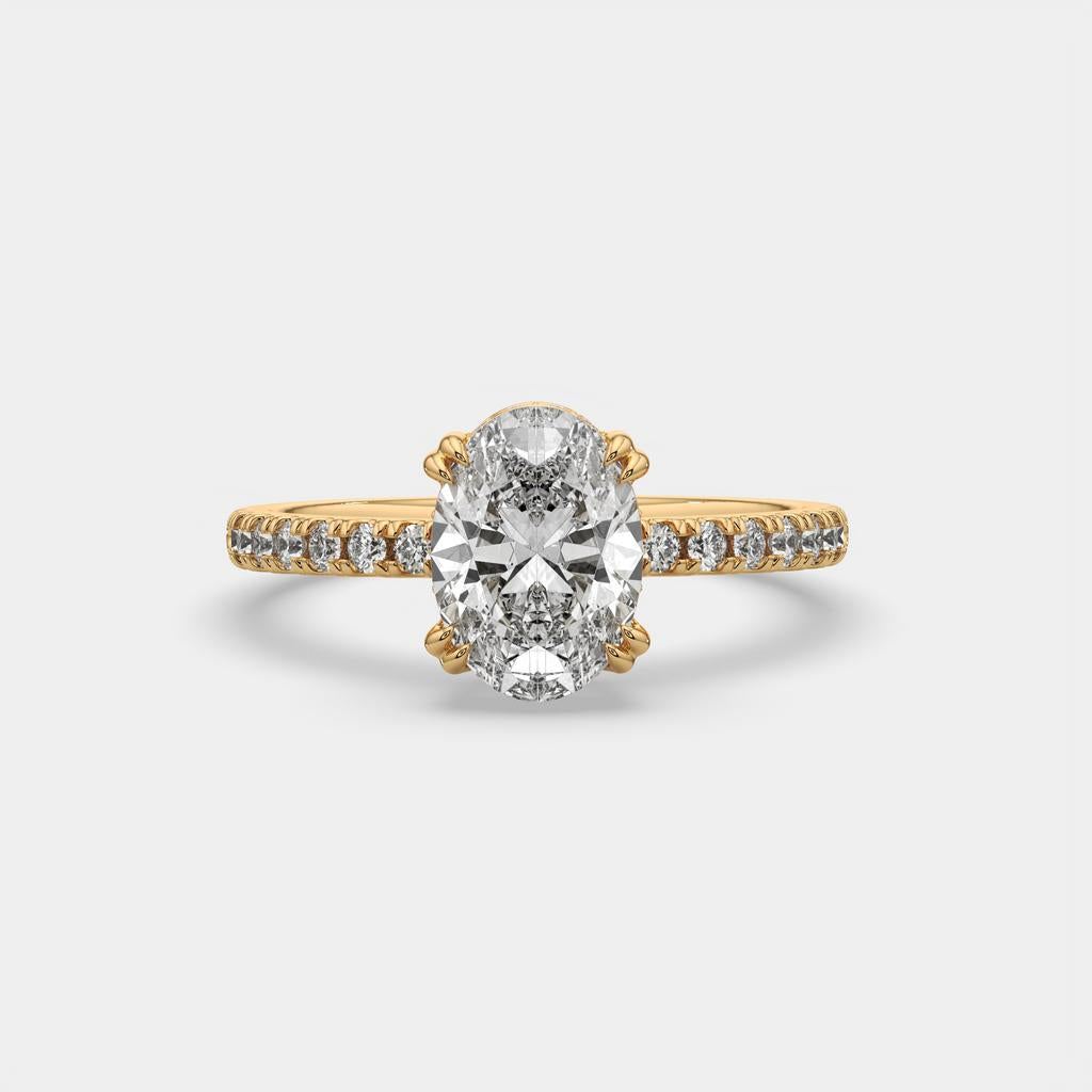 1.75 Ct D VS1 Oval Lab Grown Diamond Hidden Halo Engagement Ring, in yellow gold, front view