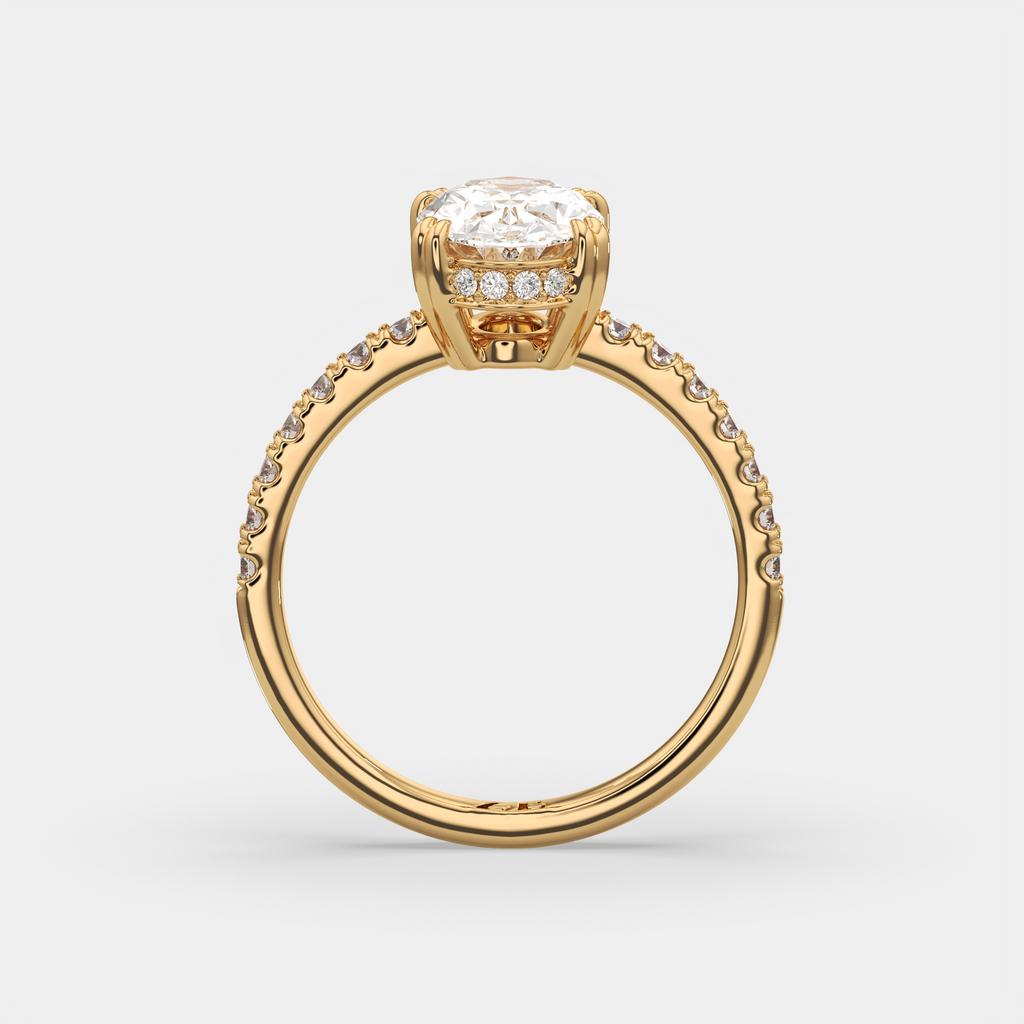 1.75 Ct D VS1 Oval Lab Grown Diamond Hidden Halo Engagement Ring, in yellow gold, side profile