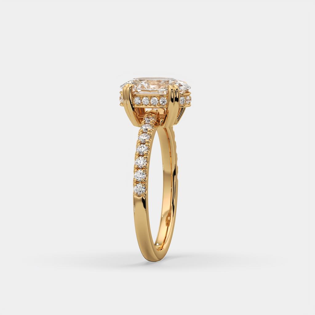 1.75 Ct D VS1 Oval Lab Grown Diamond Hidden Halo Engagement Ring, in yellow gold, side profile