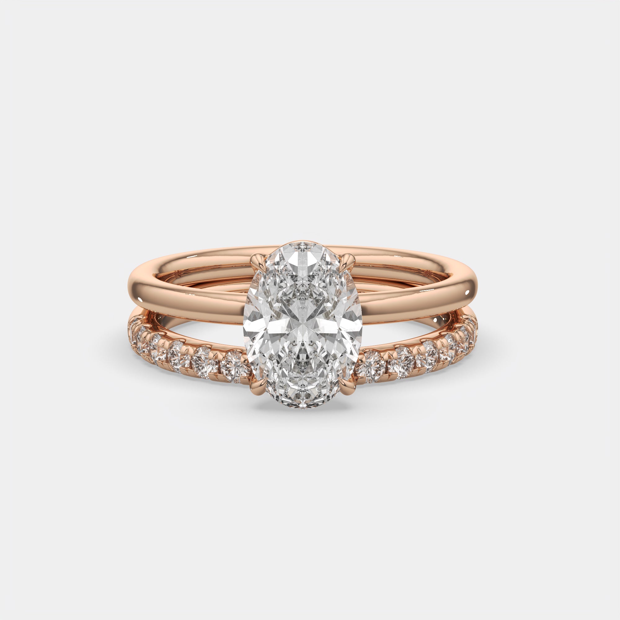 2.50 Ct D VS1 Oval Diamond Halo with Matching Band, in 14k rose gold, engagement ring with matching band, front view