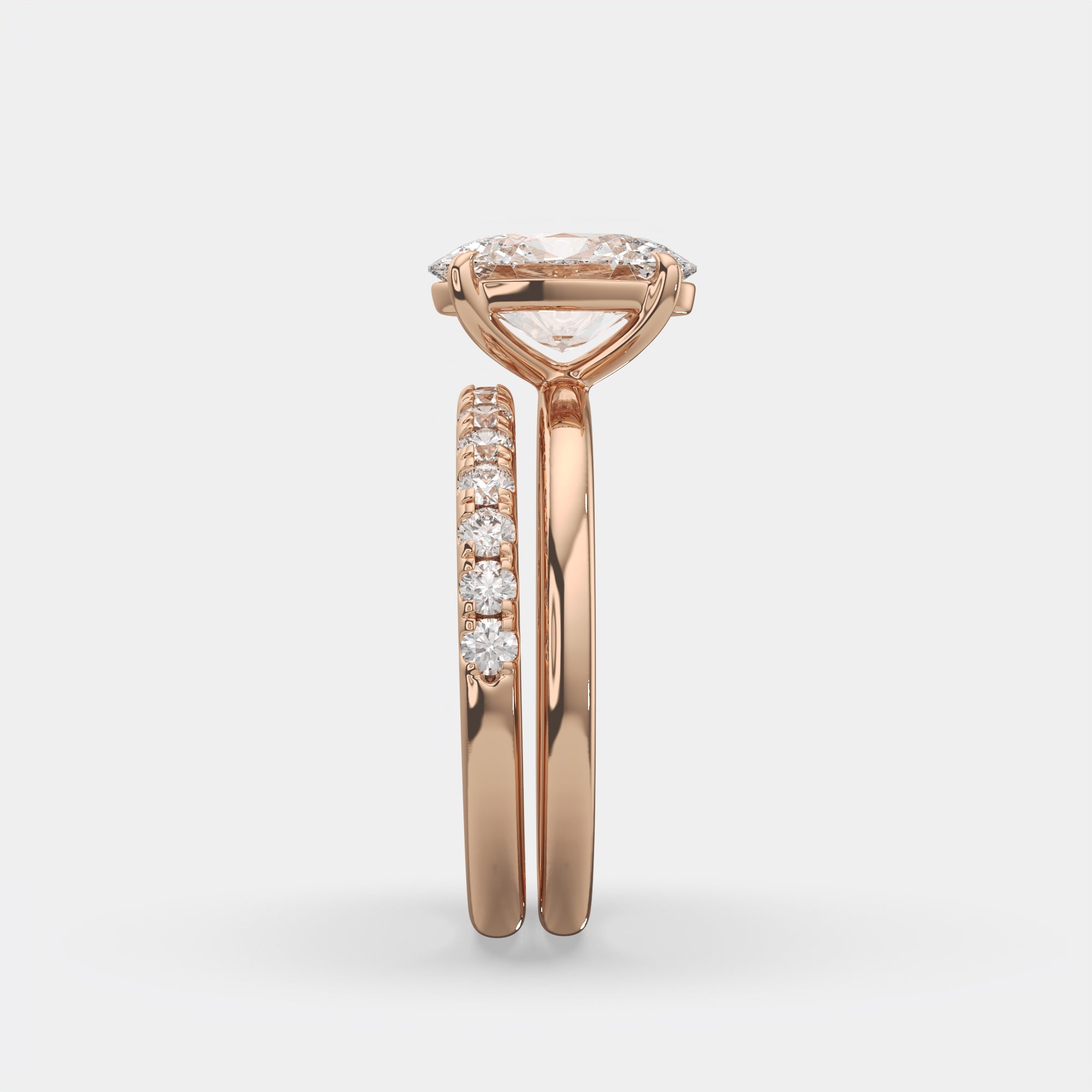 2.50 Ct D VS1 Oval Diamond Halo with Matching Band, in 14k rose gold, engagement ring with matching band, side profile