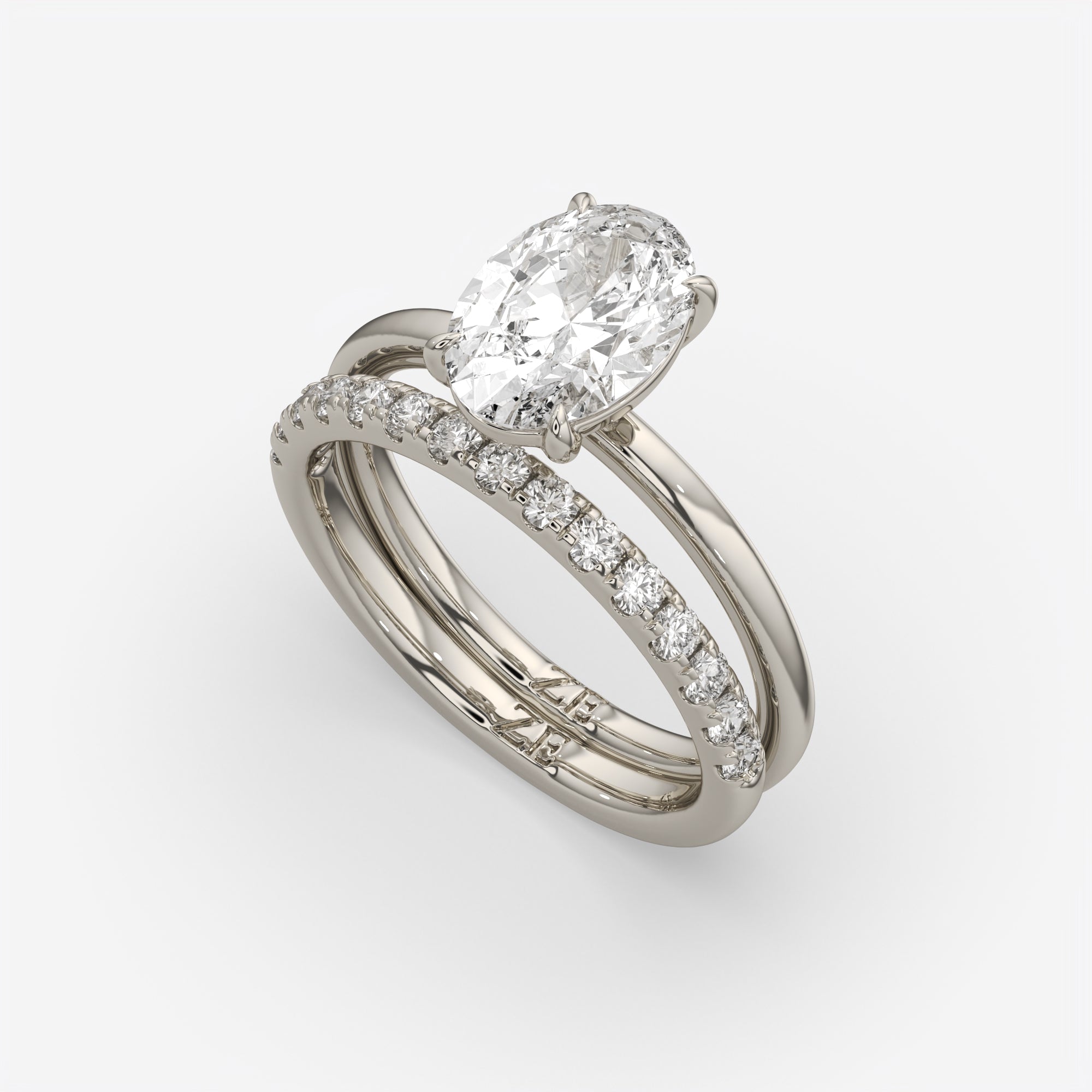 2.50 Ct D VS1 Oval Diamond Halo with Matching Band, in 14k white gold, engagement ring with matching band, three-quarter angle