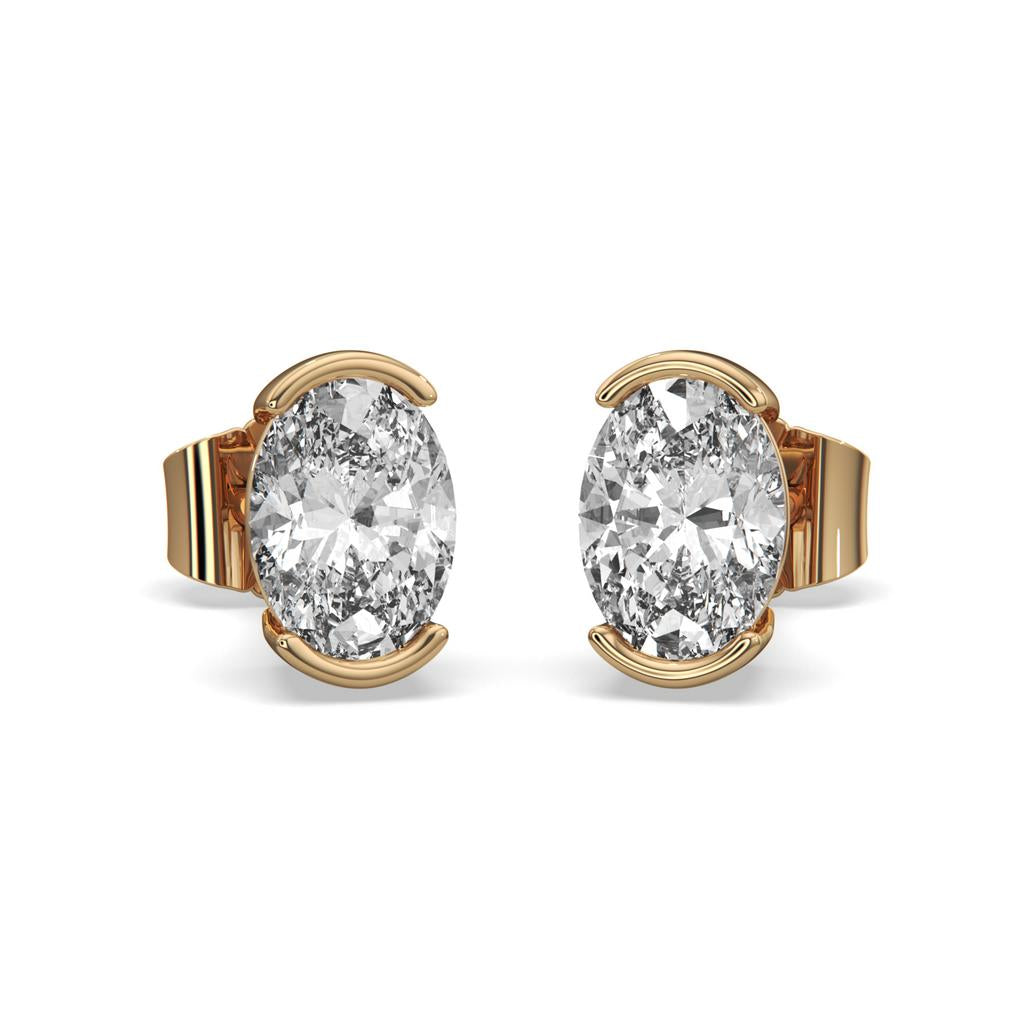 2.00 Ct D VS1 Oval Semi Bezel Diamond Studs, in rose gold, front view