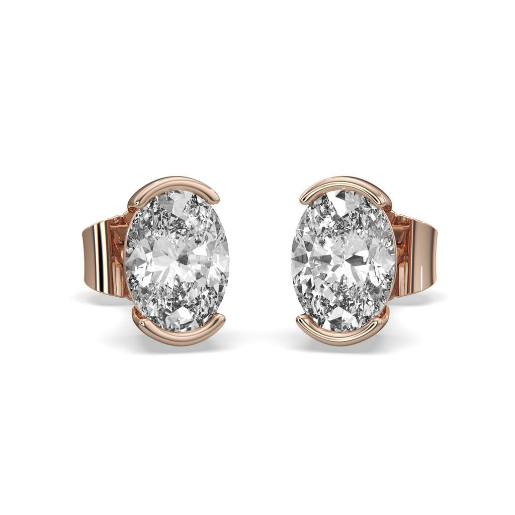 2.00 Ct D VS1 Oval Semi Bezel Diamond Studs, in rose gold, front view