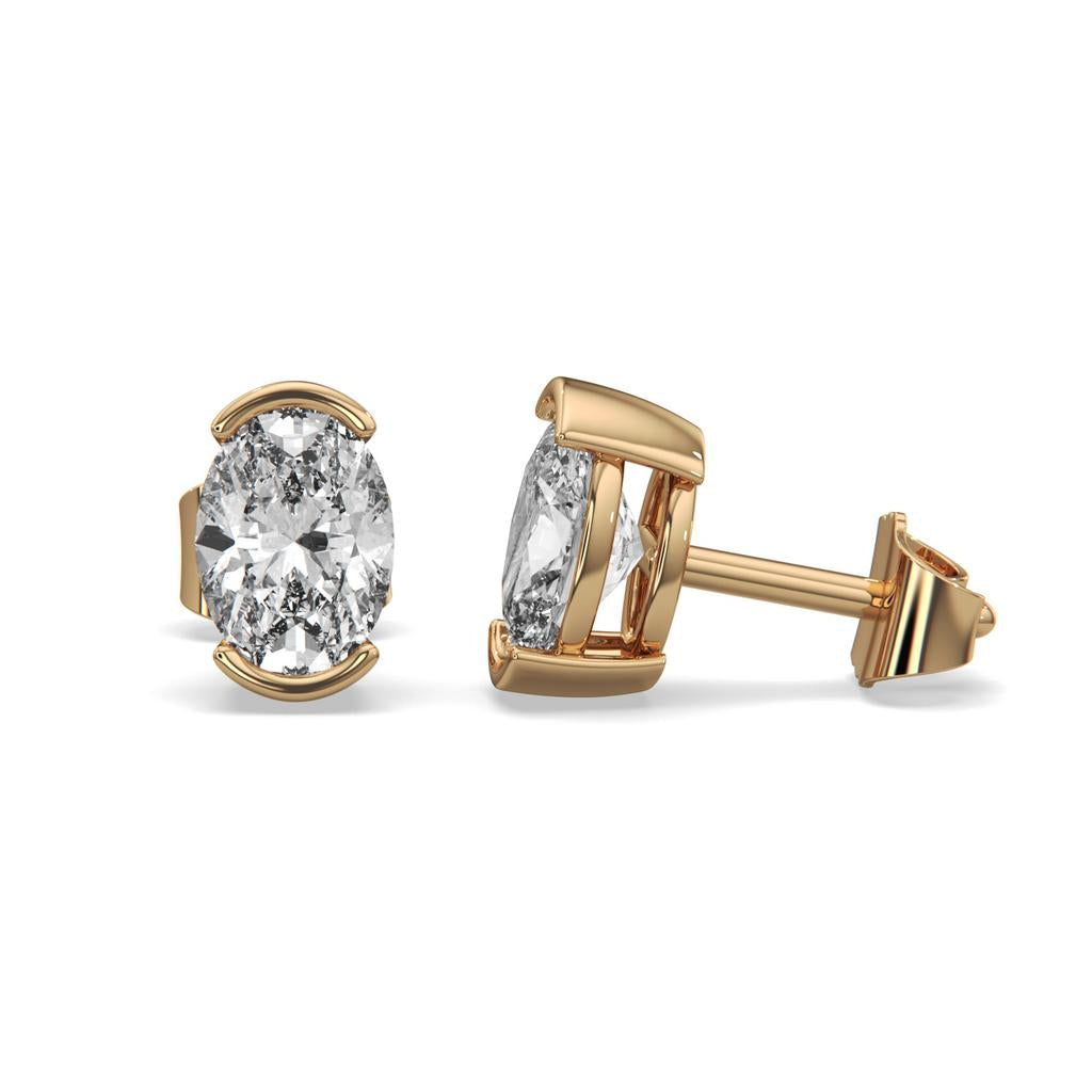 2.00 Ct D VS1 Oval Semi Bezel Diamond Studs, in rose gold, front view