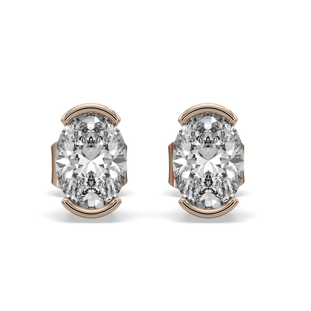 2.00 Ct D VS1 Oval Semi Bezel Diamond Studs, in rose gold, front view
