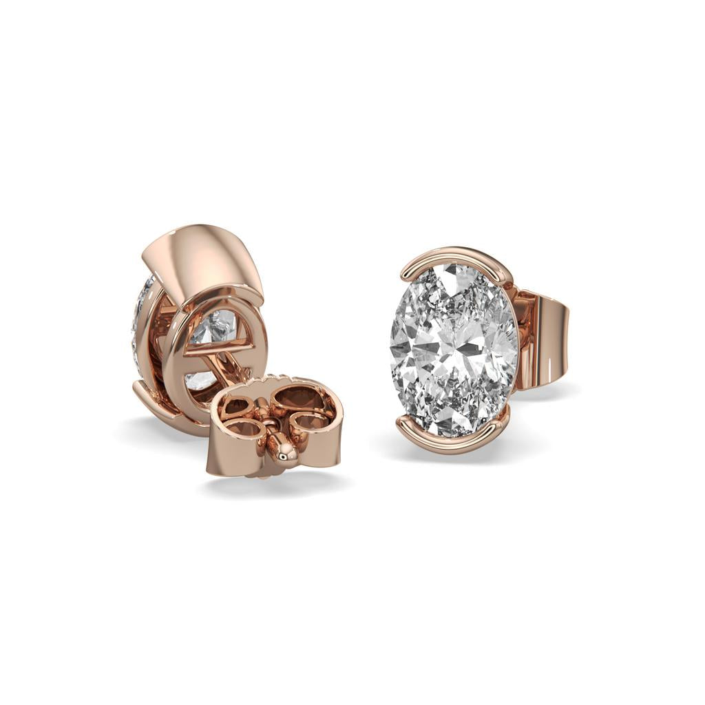 2.00 Ct D VS1 Oval Semi Bezel Diamond Studs, in rose gold, front view