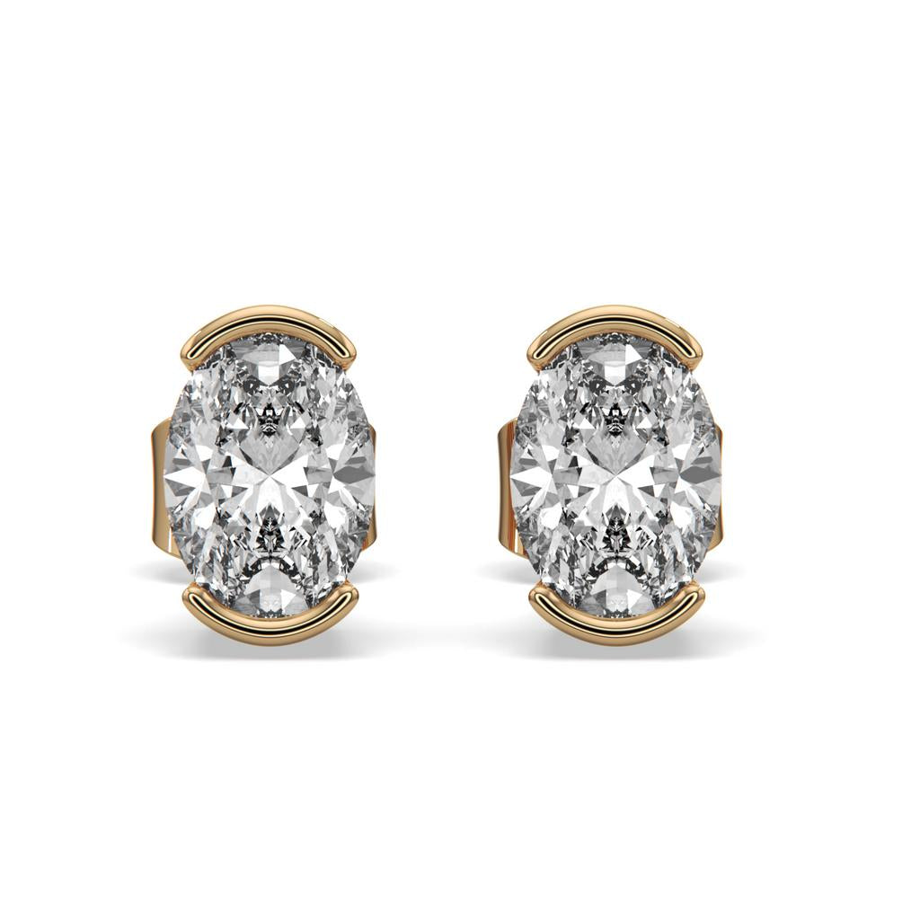 2.00 Ct D VS1 Oval Semi Bezel Diamond Studs, in yellow gold, front view