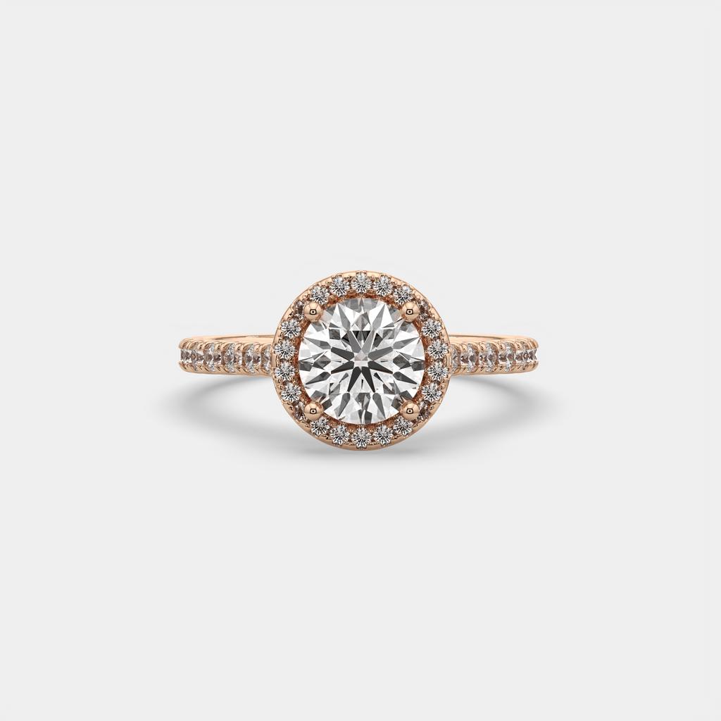 2.00 Ct D VS1 Round Lab-Grown Diamond Halo Ring with Round Accents, in rose gold, front view