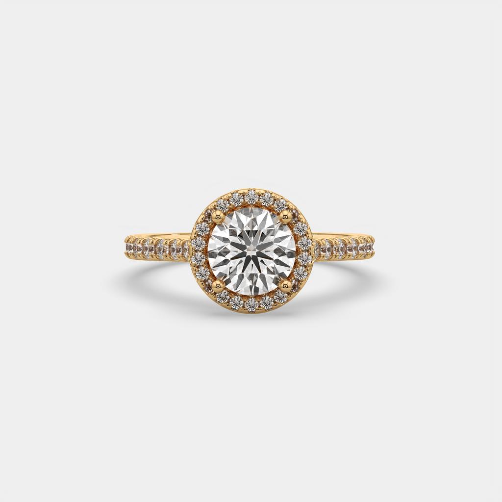 2.00 Ct D VS1 Round Lab-Grown Diamond Halo Ring with Round Accents, in yellow gold, front view