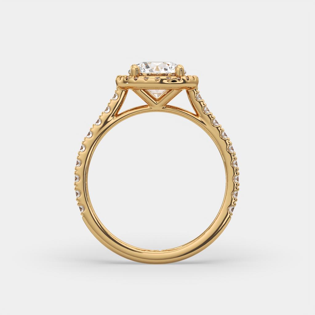 2.00 Ct D VS1 Round Lab-Grown Diamond Halo Ring with Round Accents, in yellow gold, side profile