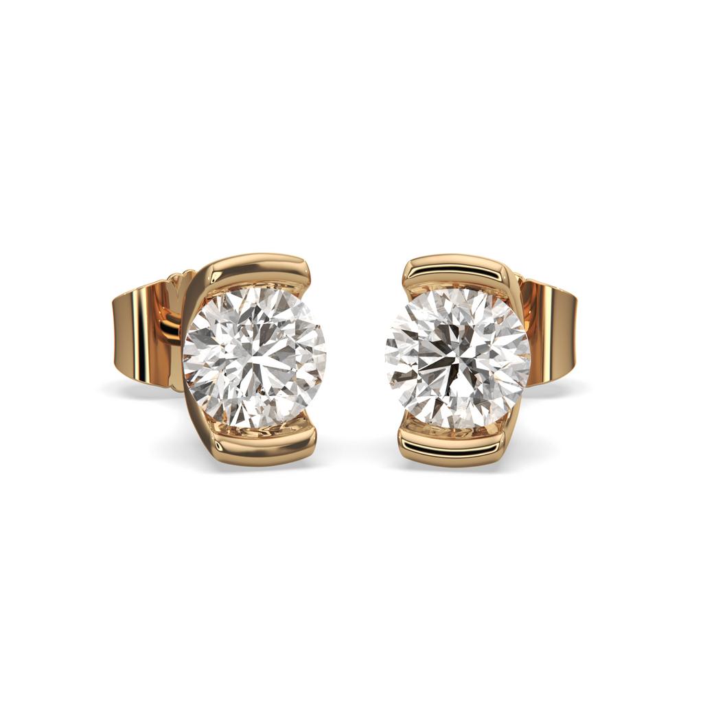2.00 Ct D VS1 Round Semi Bezel Diamond Studs, in yellow gold, front view