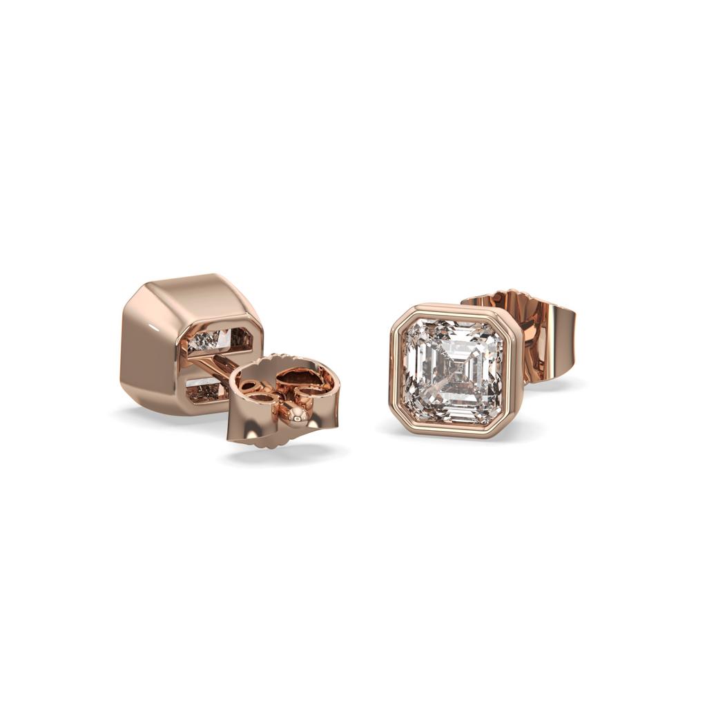 2.00 Ct E VS1 Asscher Cut Full Bezel Diamond Studs, in rose gold, front view