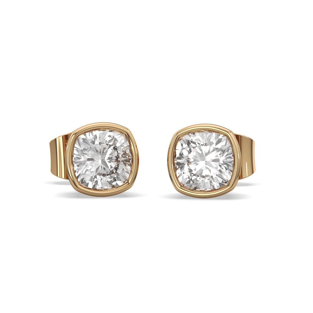 2.00 Ct E VS1 Cushion Cut Full Bezel Diamond Studs, in yellow gold, front view