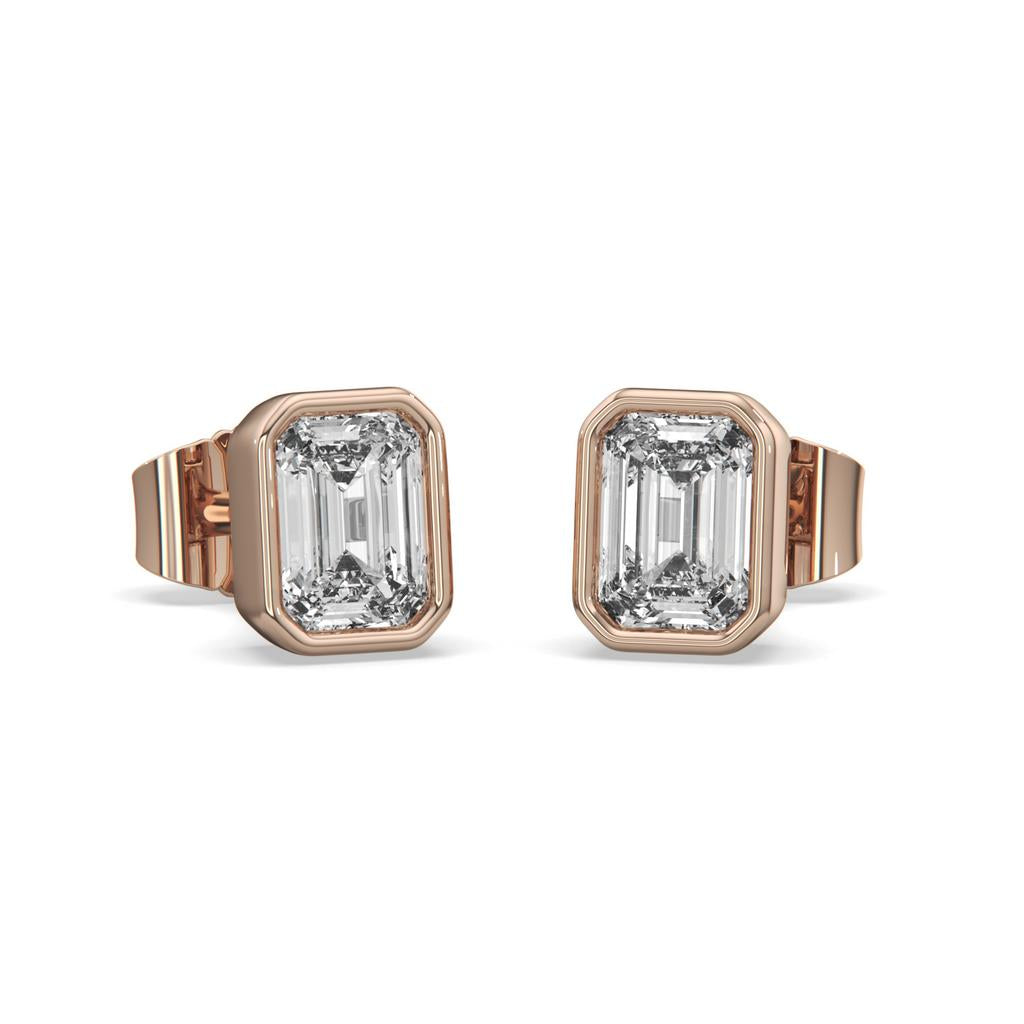 2.00 Ct E VS1 Emerald Cut Full Bezel Lab Grown Diamond Studs, in rose gold, front view