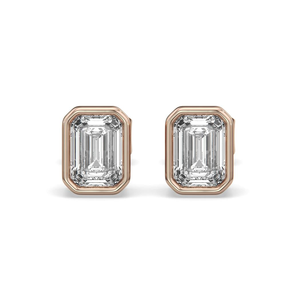 2.00 Ct E VS1 Emerald Cut Full Bezel Lab Grown Diamond Studs, in rose gold, front view