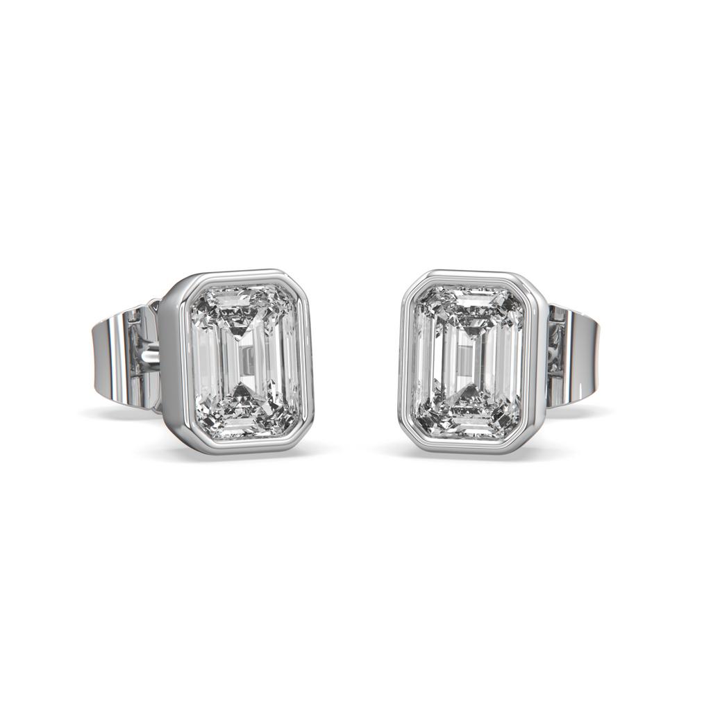 2.00 Ct E VS1 Emerald Cut Full Bezel Lab Grown Diamond Studs, in white gold, front view