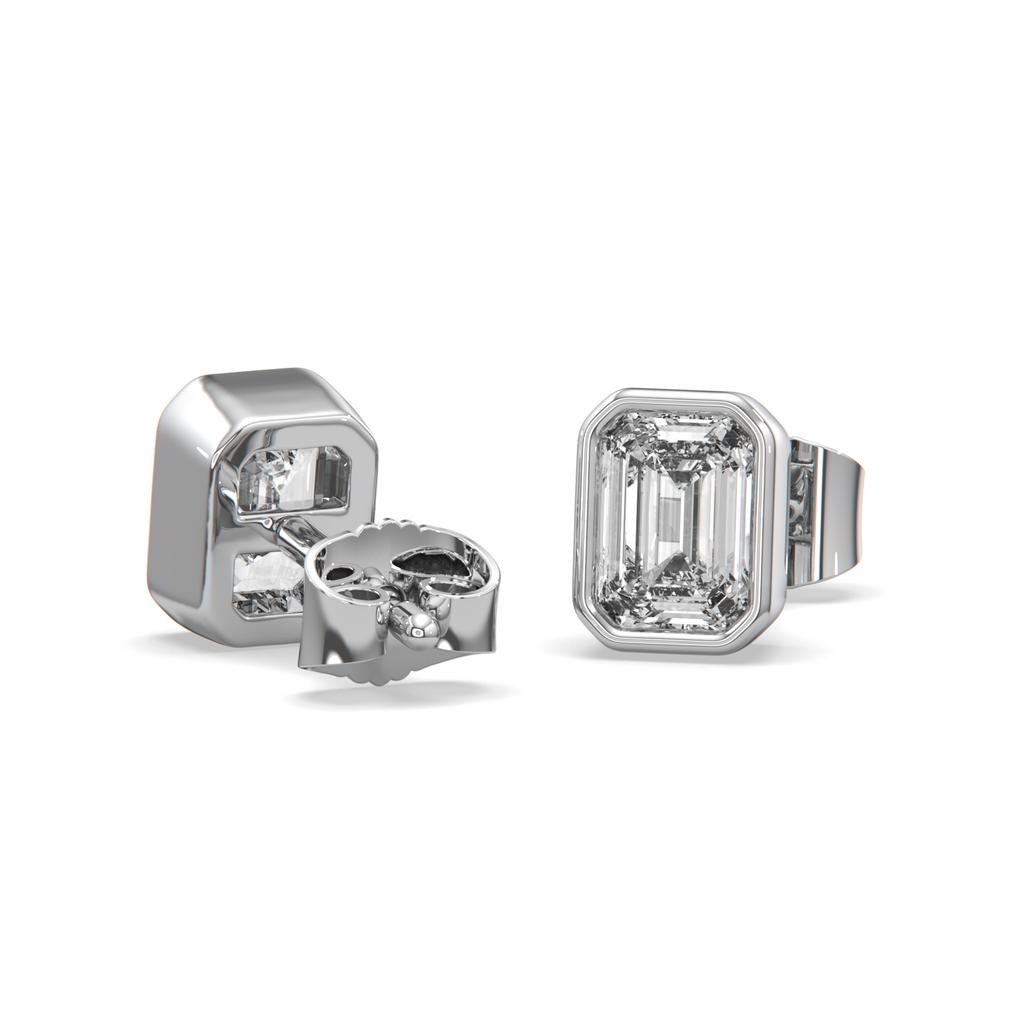 2.00 Ct E VS1 Emerald Cut Full Bezel Lab Grown Diamond Studs, in white gold, front view