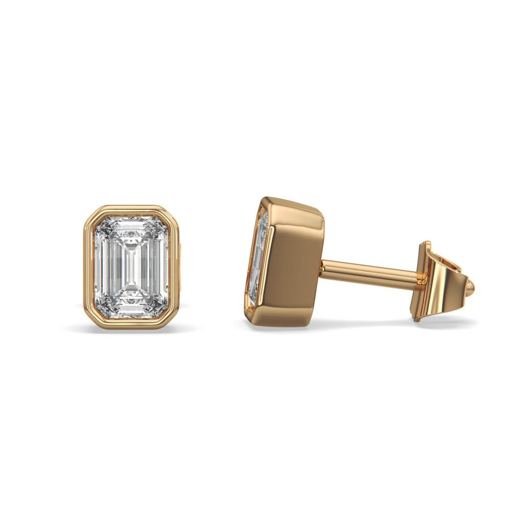 2.00 Ct E VS1 Emerald Cut Full Bezel Lab Grown Diamond Studs, in yellow gold, front view