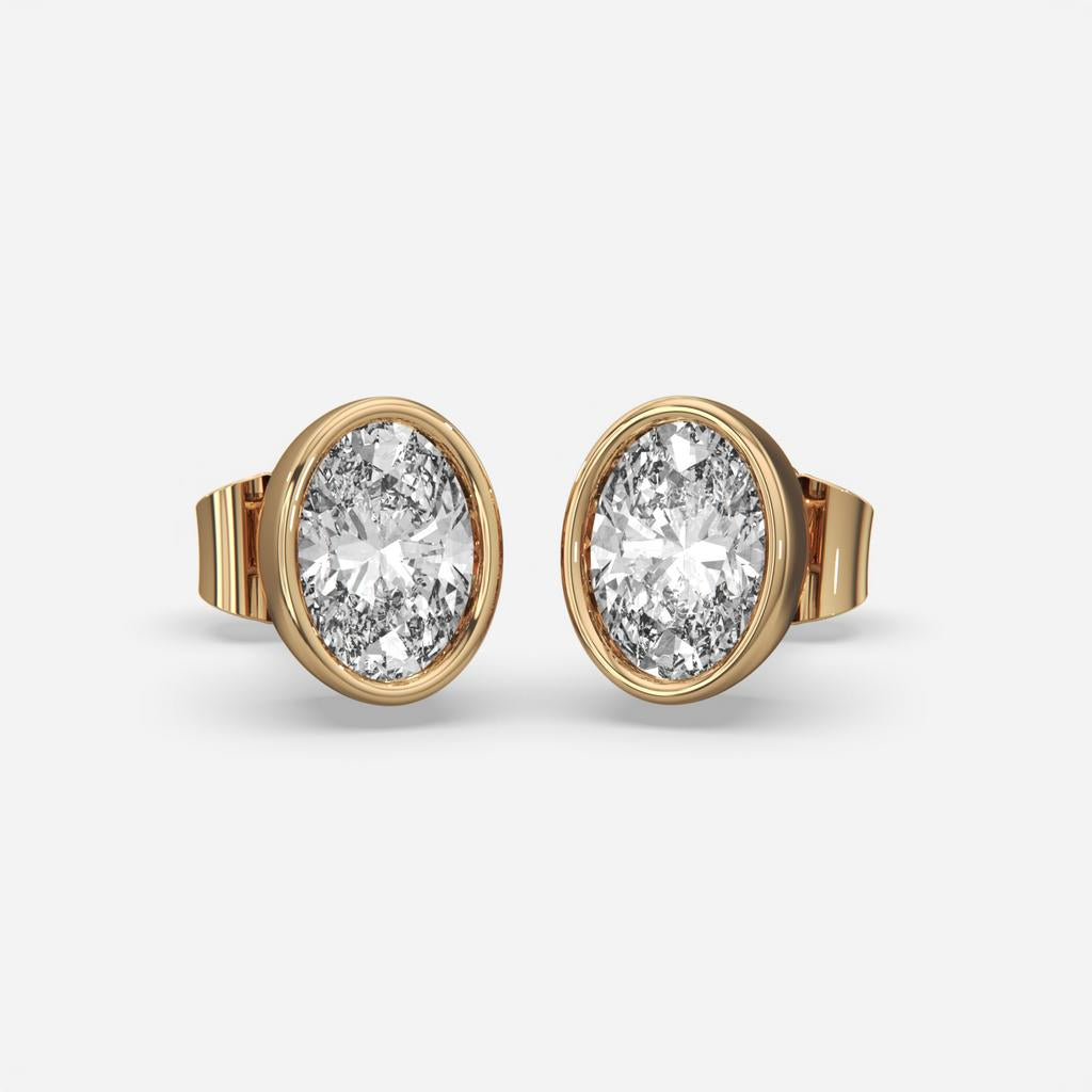 2.00 Ct E VS1 Oval Cut Full Bezel Diamond Studs, in yellow gold, front view