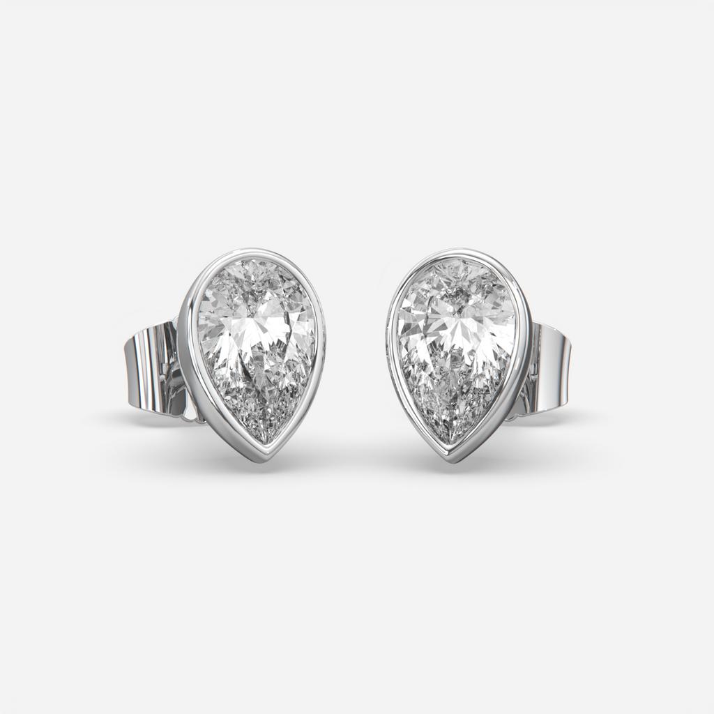 2.00 Ct E VS1 Pear Shaped Full Bezel Lab Grown Diamond Studs, in white gold, front view