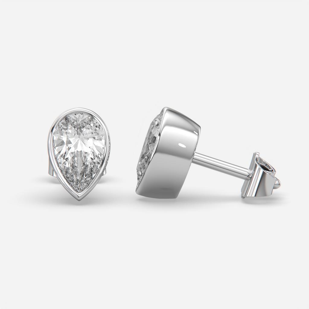 2.00 Ct E VS1 Pear Shaped Full Bezel Lab Grown Diamond Studs, in white gold, front view